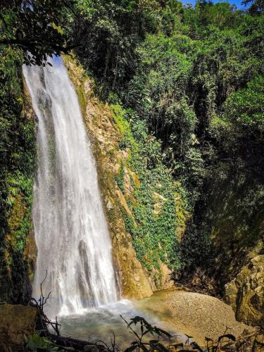 a waterfall on the side of a mountain with trees at Finca Rústica, Cocorná - Cacao, Charcos y Cascadas in Cocorná