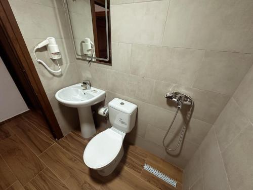 a bathroom with a toilet and a sink at Suite of Bazaar in Gjirokastër