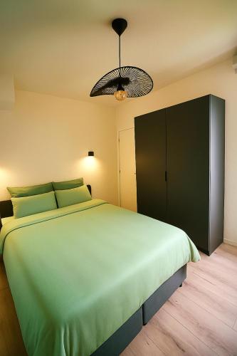 une chambre avec un grand lit avec une couverture verte dans l'établissement Chartrons - Appartement cosy avec grande terrasse, à Bordeaux