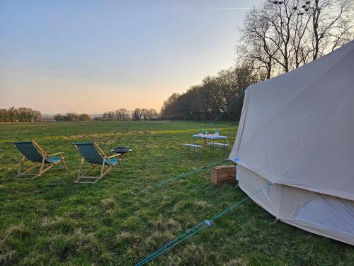 two chairs and a tent in a field at Readers Field Glamping in Great Sampford