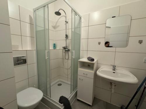 a bathroom with a shower and a toilet and a sink at New flat for 7 Special price per month 4 Rooms in Zeitz