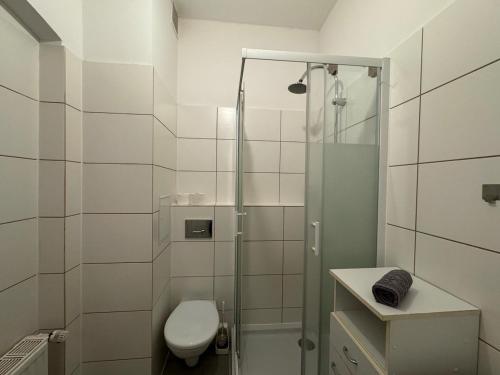 a white bathroom with a shower and a toilet at New flat for 7 Special price per month 4 Rooms in Zeitz