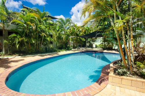 a swimming pool in a resort with palm trees at Sandcastles On Currumbin Beachfront, Gold Coast in Gold Coast
