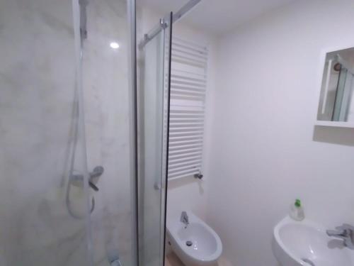 a white bathroom with a shower and a sink at Casa de Condeixinha in Condeixa a Nova