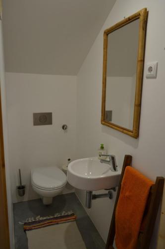 a bathroom with a sink and a toilet and a mirror at Casa de Condeixinha in Condeixa a Nova