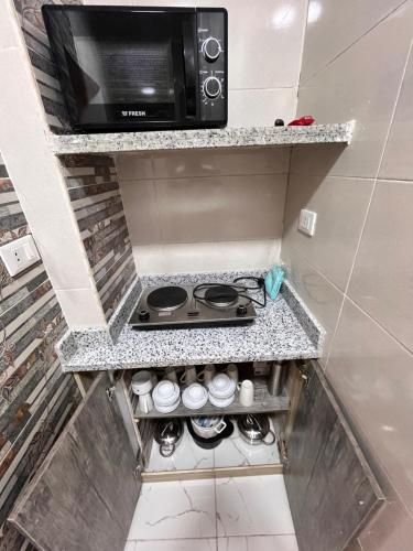 a kitchen with a stove and a microwave at Triple Garden Studios and apartments in Cairo