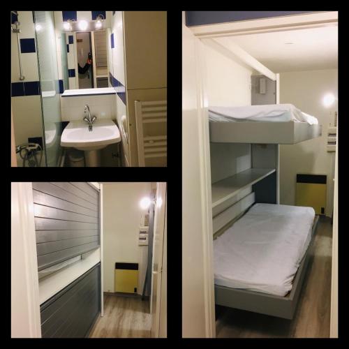 - deux photos d'une chambre avec des lits superposés et un lavabo dans l'établissement Joli studio Cauterets, à Cauterets