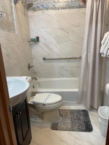 a bathroom with a toilet and a tub and a sink at Mountain Aire Cottages, Inn, & Glamping in Clayton