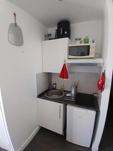 une petite cuisine avec un évier et un micro-ondes dans l'établissement Studio équipé Cosy - Mairie Saint-Ouen, à Saint-Ouen