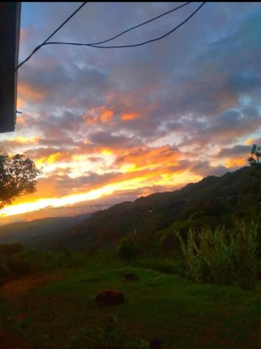 a sunset in a field with the sun setting in the background at Cabaña vista hermosa Matazanos in San Ramón Sur