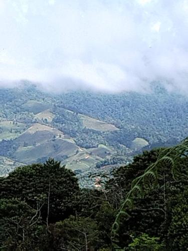 a view of a mountain with trees and clouds at Cabaña vista hermosa Matazanos in San Ramón Sur