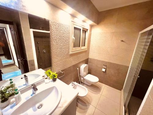 a bathroom with a sink and a toilet at Hidden Gem Few Steps from the Airport in Cairo