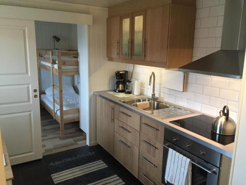 a small kitchen with a sink and a stove at Monekil 8 in Hamburgsund