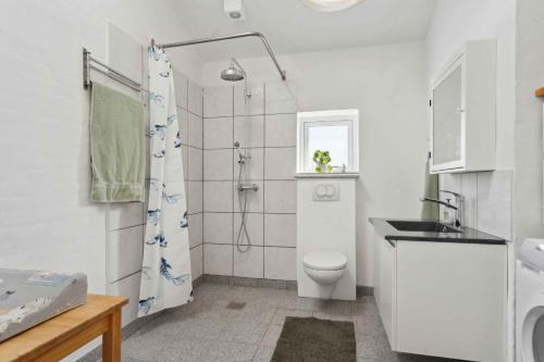 a white bathroom with a shower and a toilet at Lovely Bright House Near The Beach In Nature in Ørsted
