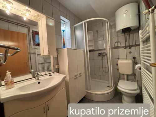 a bathroom with a sink and a toilet and a shower at Villa Heritage - Old Town - PRIVATE GARAGE in Sarajevo