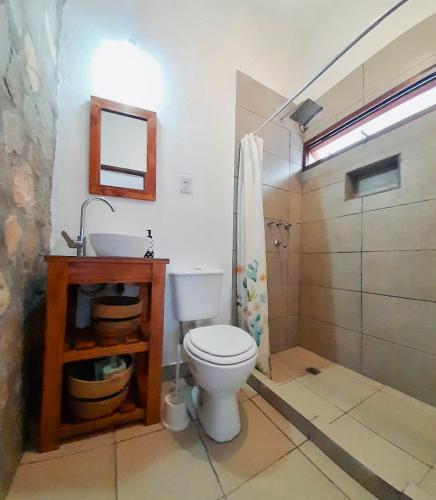 a bathroom with a toilet and a sink and a shower at Cabañas Alta Vista in Tilcara