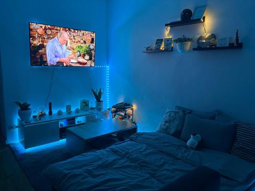 a bedroom with a bed and a flat screen tv at Room with Garden in Ottakringer with Shared Bathroom in Vienna