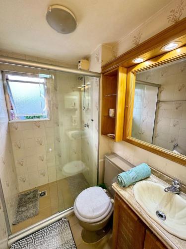 a bathroom with a toilet and a shower and a sink at Duplex incrível a 5 min do centro com piscina in Nova Friburgo