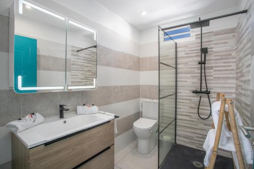 ein Badezimmer mit Waschbecken, Toilette und Dusche in der Unterkunft Villa Gosier T3- Vue Nature - Romantique in Le Gosier
