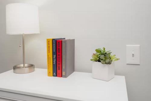 a shelf with books and a potted plant on it at Jennifer's Unique Loft Near Brown 2 Parking Spots in Providence