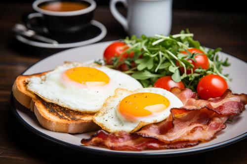 a plate of eggs on toast with bacon and a salad at Sunworld Hotel Wangfujing in Beijing