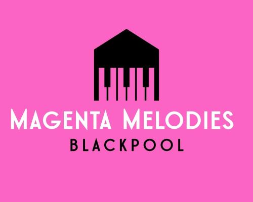 a black and white logo on a pink background at Magenta Melodies, 5 Bedroom House in Blackpool