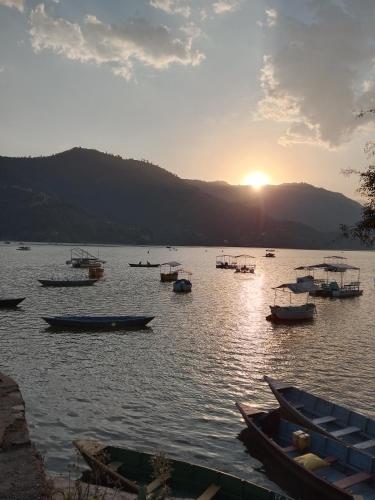 a group of boats in the water at sunset at Hotel Royal Orbit Pvt Ltd Pokhara in Pokhara