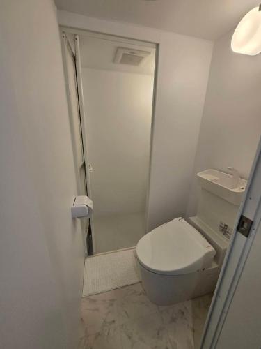a small bathroom with a toilet and a shower at Port House Honmachi in Tokyo