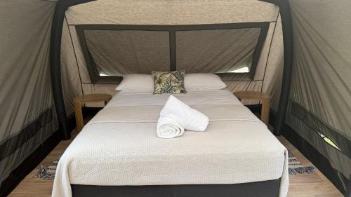a bedroom with a bed in a tent at Daintree Beach Resort in Wonga