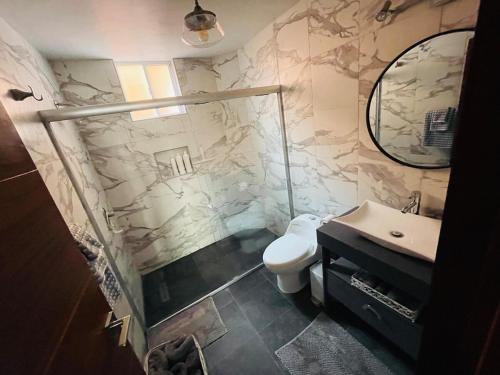グアダラハラにあるUpdated Modern Condo in Central Locationのトイレ、洗面台、鏡のあるバスルーム