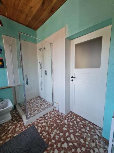 a bathroom with a shower and a toilet at Airport Private Apartment, Advance Registration, No Reception, Self Check-in, Calm Environment, Non-Smoking Guests in Kněžívka