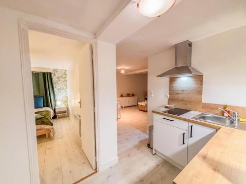 une cuisine avec un évier et un plan de travail dans l'établissement Joli T2 avec wifi et Netflix proche du golf, à Bellême