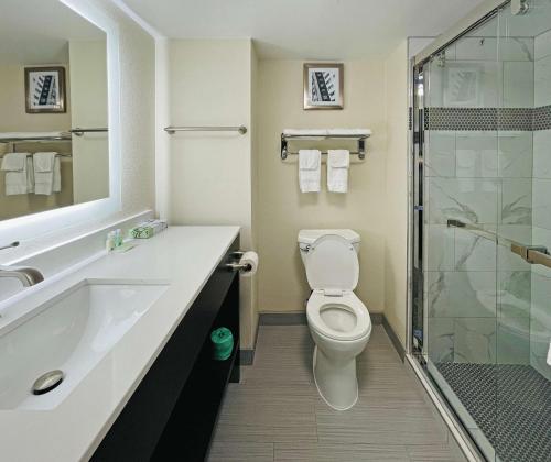 a bathroom with a toilet and a sink and a shower at Quality Inn & Suites Lake Charles South in Lake Charles