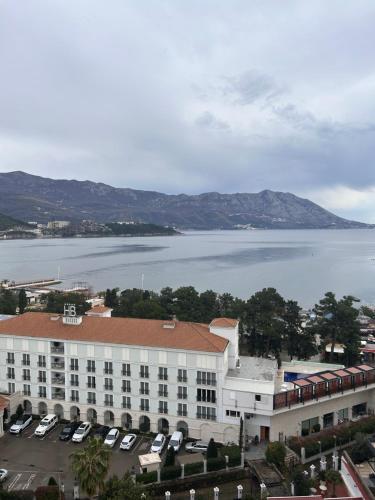 a large building with a view of a body of water at Apartments Krug in Budva