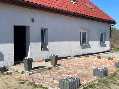 a house with a red roof and a brick patio at Wiejskie Kwatery Dolina Baryczy in Ujeździec Mały
