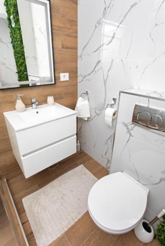 a bathroom with a white sink and a toilet at Panoramic Studio Oradea 2 in Oradea