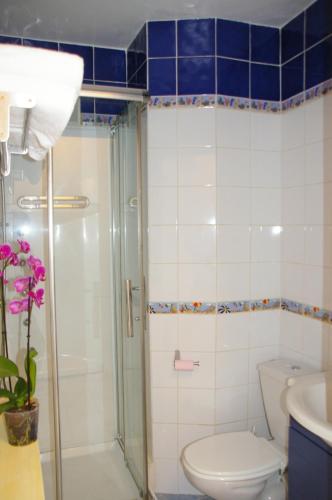 une salle de bain avec une douche, des toilettes et un lavabo dans l'établissement StudioLAPROM, studio sur la promenade des anglais, à Nice