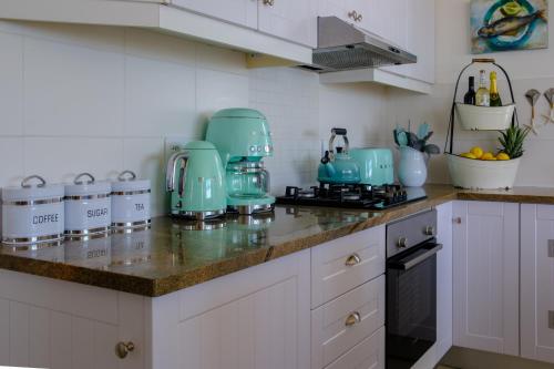 a kitchen with blue appliances on a counter at Dankbaar Holiday Home in Paternoster