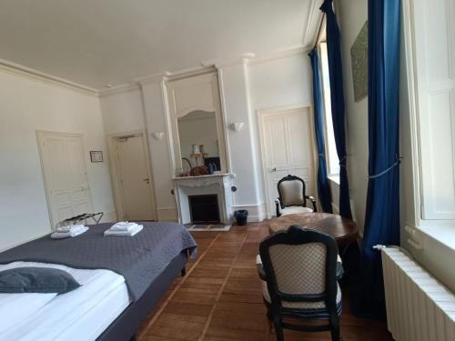 a living room with two beds and a fireplace at Château de Vallagon in Montrichard