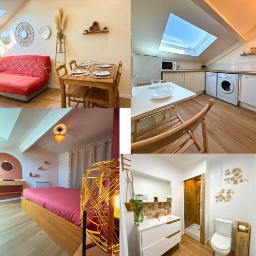 a collage of photos of a kitchen and a living room at Sous les toits de la Digue in Verdun