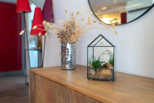 a vase with a plant in a cage on a table at Grand T2 ensoleillé in La Grande-Motte