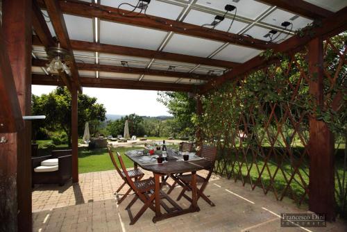 a patio with a table and chairs under a pergola at Chianti Luxury villa con piscina e idromassaggio in San Donnino