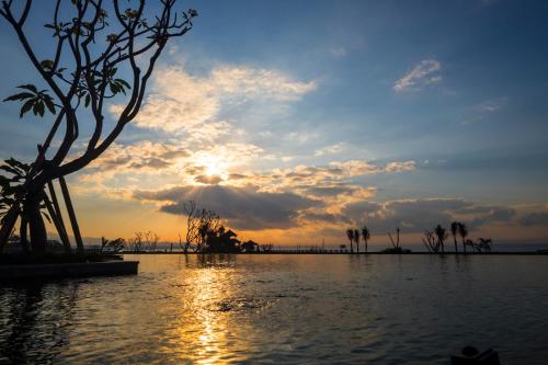 a sunset over a body of water with palm trees at Rumah Luwih Bali in Keramas