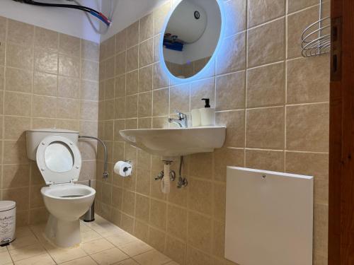 a bathroom with a toilet and a sink and a mirror at Spacious home in Klitoria