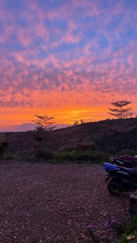 a sunset over a field with trees in the background at ĐEN Hill Home The Glamping Luxury in Ðại Lào