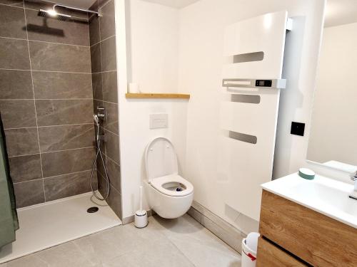 une salle de bain avec toilettes et douche dans l'établissement Appartement cosy 2 pièces à Plagne Montalbert, proche pistes et commerces, avec garage et wifi - FR-1-755-19, à Aime La Plagne