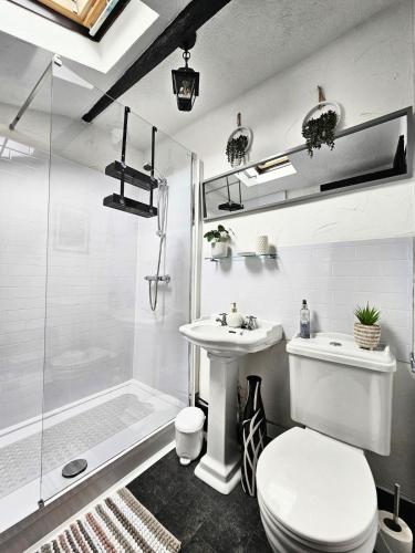 a bathroom with a toilet and a sink and a shower at Leaf Tree Cottage, close to Coast, Lakes and Fells in Workington