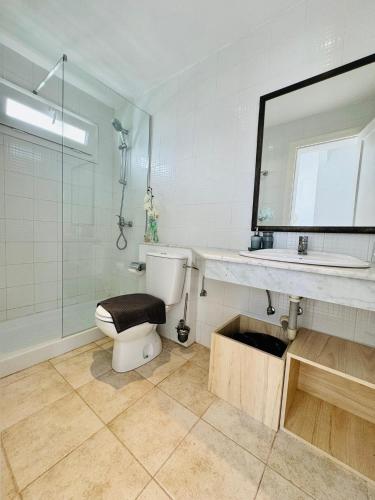 a bathroom with a toilet and a sink and a mirror at Little Gem in Matagorda