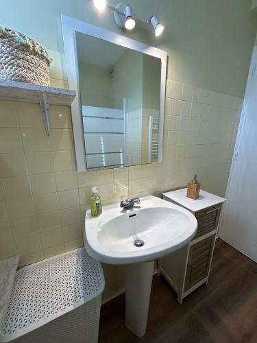 une salle de bain avec un lavabo blanc et un miroir dans l'établissement Au coeur des montagnes, à Argelès-Gazost