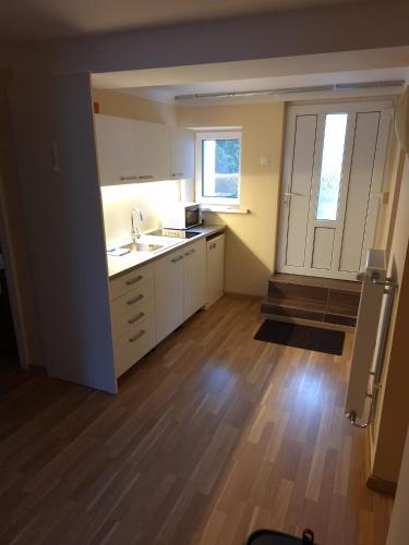 an empty kitchen with a sink and a window at Star Apartments in Piešťany